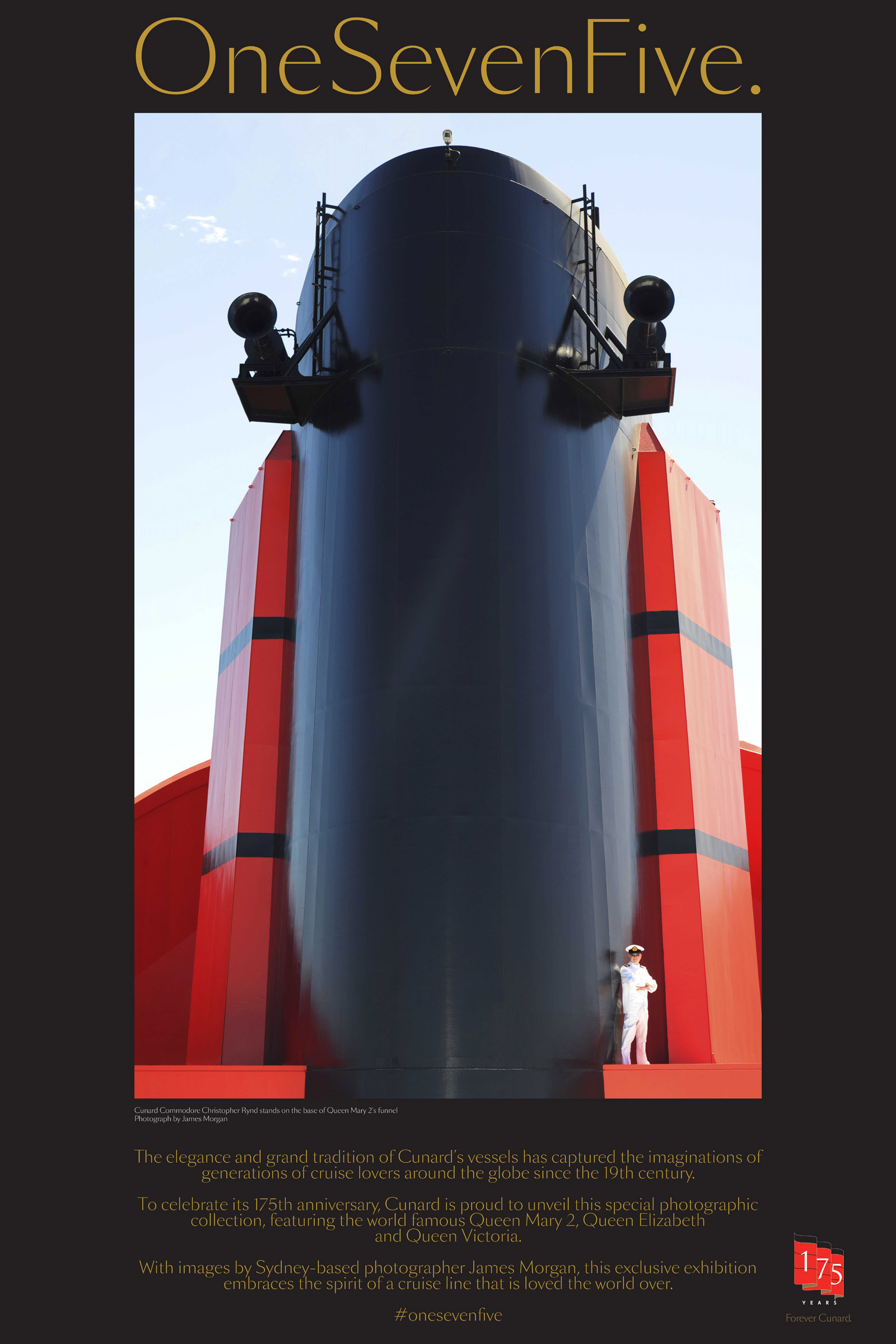 OneSevenFive - Commodore Christopher Rynd stands on Queen Mary 2s funnel. Photo by James Morgan